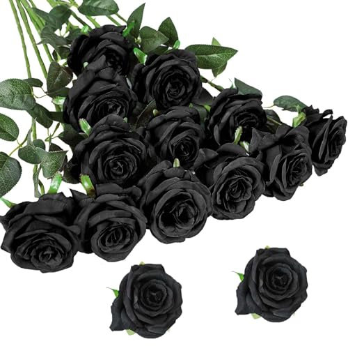 EnixwH 12 Rose Artificielle Fleurs, Bouquet Fleur Artificielle Naturelles et Réelles, 52 cm Longue Tige Réaliste Roses Artificielles, Fausse Fleur pour Home, Mariages, Décorations de Fête (Noir)