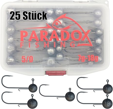 Paradox Fishing Jigköpfe Set 5/0 25x I je 5X 7g/10g/12g/15g/18g I Jig Köpfe Gummifisch mit Jighead für Gummifische Zander Angelzubehör