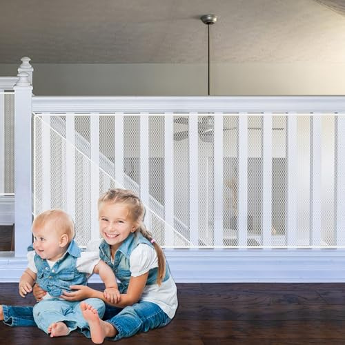 FIVMEN Treppen Schutznetz Kinder Sicherheitsnetz 450x91 cm Treppenschutznetz Balkonnetz mit Kabelbinder, Nylonseile und Bodenaufkleber Safety Net für Treppen Balkon Geländer, Weiß