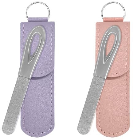 Lima de uñas de metal con funda, paquete de 2 llaveros para uñas naturales, limas de uñas de diamante, punta redonda de acero inoxidable, doble cara, grano fino, lima plateada con funda de cuero,