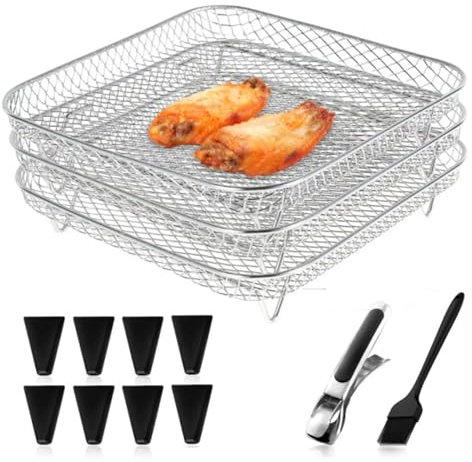 13 Stück airfryer zubehör, heißluftfritteuse zubehör, gitter für heißluftfritteuse, 20 cm quadratisches 304 Edelstahlset, dreistufige Regale, kompatibel mit COSORI 5.5L/6L, Ninja Max Pro 6.2L AF180EU