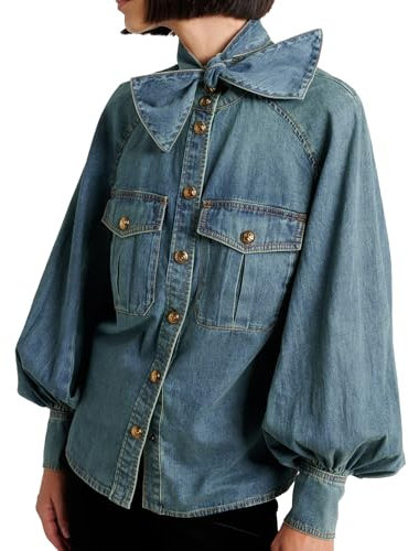 YEXPINE Women's Bow Denim Shirt Button Down High Neck Puff Sleeve Demin Jacket, Blue, M