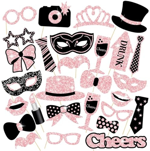 30 Stück Lustige Foto Requisiten Fotobox Accessoires, Schwarz und Rosa | Für Hochzeit, Halloween, Weihnachten, Tischdeko Geburtstag, Karneval, Silvester Deko, Party Dekoration Zubehör