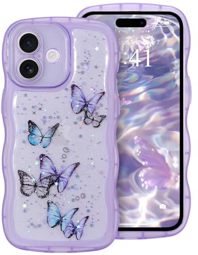 ROSEHUI for iPhone 16 Plus Case,Cute Butterfly Curly Wave Phone Case with Sparkly Glitter Bling Star,Clear Anti-Yellowing Camera Protection Soft TPU Shockproof Protective Cover for Girls-Purple