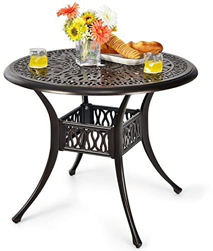 COSTWAY Table de Jardin Ronde 91 CM en Aluminium Moulé, Table d'Appoint d’Extérieur avec Trou pour Parasol 5 cm, Résistante aux Intempéries avec Pieds Réglables, pour Patio Piscine