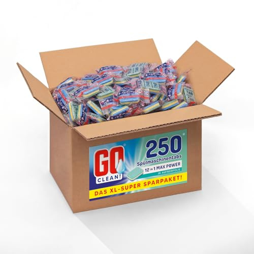 GO clean! Spülmaschinentabs Multi 12-in-1 MAX POWER– 5 kg ca. 250 Stück, 20g, XL-Sparpaket in Aufreißfolie mit starker Reinigungskraft gegen Schmutz und Fett