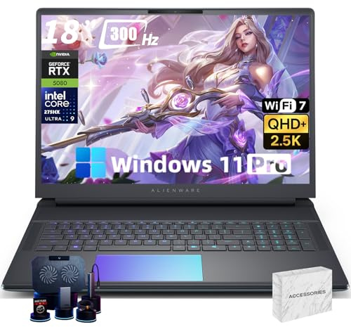 Alienware 18 Area-51 Gaming Laptop Computer - GeForce RTX 5080-16GB GDDR7-18 QHD+ 300Hz - Intel Ultra 9 275HX - AlienFX RGB Lighting - Quad Fan Cooling, Windows 11 Pro(64GB DDR5, 2TB SSD)