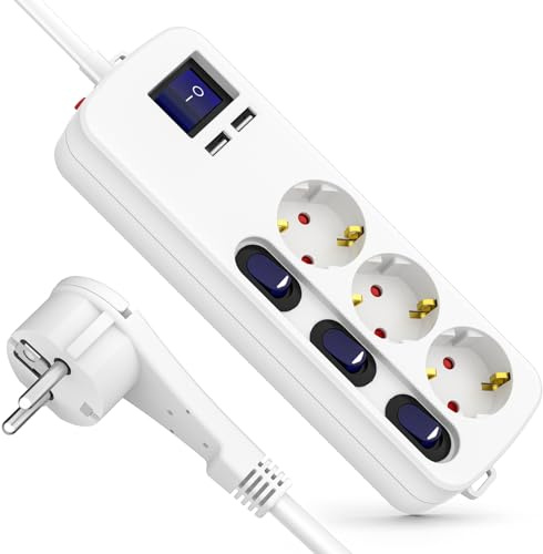 Realmade Steckdosenleiste 3-Fach 5M mit Einzeln Schaltbar mit 2 USB-A 3,4 A