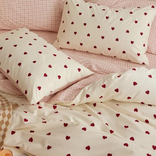 Lanqinglv Bettwäsche 200x200 cm Rot Weiß Herzen Kariert Wendebettwäsche | ÖKO-TEX Zertifiziert,für Allergiker,4 Jahreszeiten Set,Aesthetic Bettbezug 2 Kissenbezüge 80x80 mit Reißverschluss