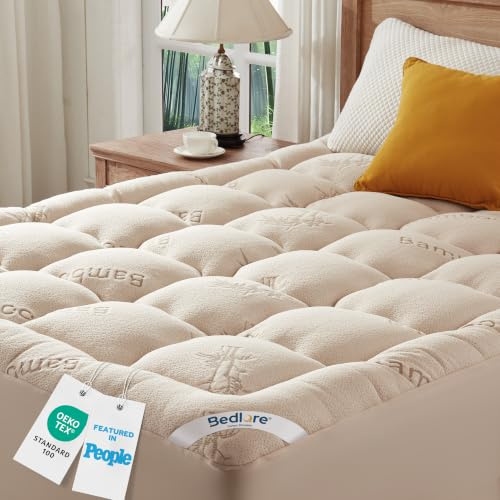 BEDLORE Surmatelas 160x200 cm, sur Matelas 2 Personne en Viscose de Bambou | Respirant, Doux et Rafraîchissant, Grand Bonnet Extensible Jusqu’à 40 cm, Certifié Oeko-Tex, Lavable en Machine, Beige