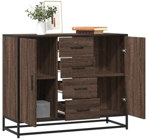 KTHLBRH Anrichte aus technischem Holz, braun, Eiche, Anrichte aus Holz und Metall, mit industrieller Struktur und großem Stauraum, 92 x 35 x 76 cm