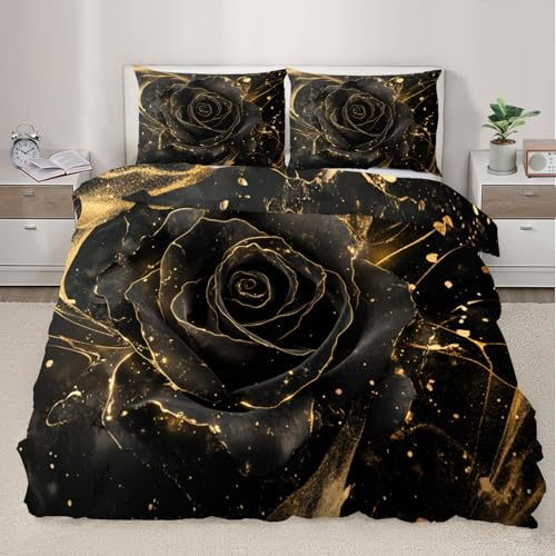XEODIAT Black and Gold Rose Bedding Set, Rose Petals Soft and Comfortable Microfiber Duvet Cover, Romantic Plants Duvet Cover with Zipper + 2 Pillowcases (200x200cm)