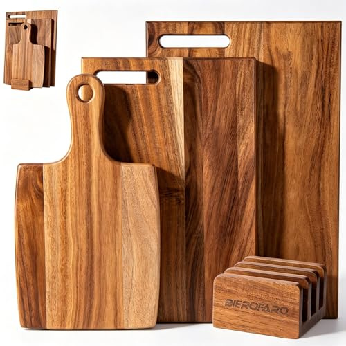 Acacia Wood Chopping Board Set of 3 with Stand, Multi-Size Wooden Cutting Boards for Kitchen Food Prep and Serving, Easy Clean & Space-Saving Display, Kitchen & Charcuterie Serving Boards