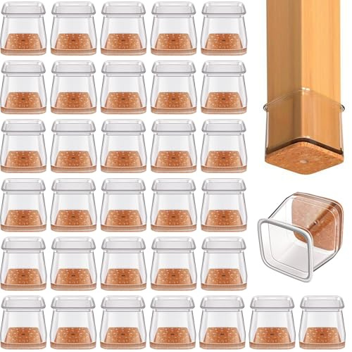 Wosyoodo 32 Stück Stuhlbeinkappen Eckig, Transparent Silikon Stuhlbeinschoner, Stuhlgleiter mit Filz, Filzgleiter für Hartholzböden, Schutzkappen Boden vor Kratzern Schützen(Fit:26-36mm)