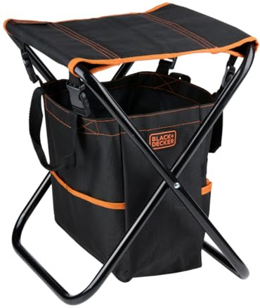 BLACK+DECKER Gartenhocker mit Werkzeugtasche - Faltbarer Hocker mit 7-Fach Tasche Abnehmbar - Metallrahmen bis 80 KG Belastbar - Ideal für Gartenarbeit und Outdoor Aktivitäten
