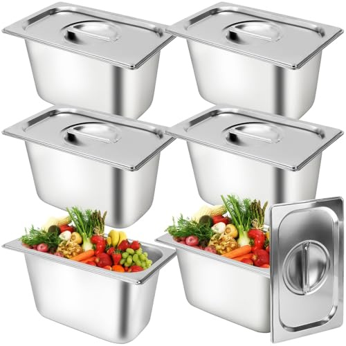 6er Set GN 1/4 Behälter Gastronormbehälter aus Edelstahl, 27 x 16 x 15 cm | Fassungsvermögen mit Deckel, Speisenbehälter Catering-Pfannen für Gastronomie, Buffet, Bain Marie & Catering