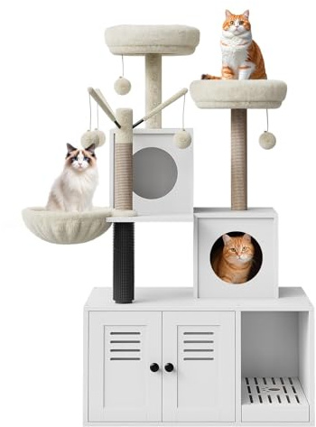 Aptliton Hidden 2-in-1 Cat Litter Box Enclosure & Cat Tree Tower, Stylish Cat Washroom Furniture with Sisal Scratching Post, Soft Perch, Multi Level Wooden Platforms & Catnip Toy for Indoor Cats