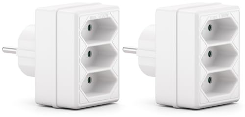 deleyCON Adaptador de 3 Tomas Euro para Enchufes, Set de 2 - Blanco | Distribuidor para clavijas Euro, cables Euro y cables de alimentación, adaptador de corriente, 3 tomas Euro, 2,5 A, 1700 W