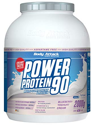 Body Attack POWER PROTEIN 90 - Blueberry Yoghurt Cream - 2kg Dose - Mehrkomponenten Protein Pulver, Made in Germany - Mit BCAA, Vitaminen & L-Carnitin - Protein Shake extra cremiger Geschmack