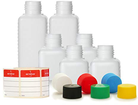 Octopus Botellas de plástico (2 x 30 ml, 2 x 50 ml y 2 x 100 ml, botellas de plástico HDPE con 6 tapones de rosca de colores, botellas cuadradas con etiquetas de rotulación)