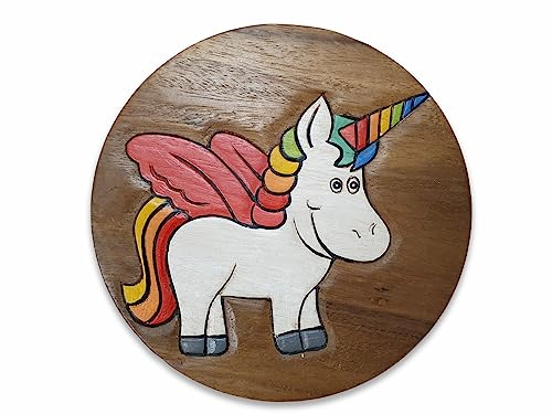 Handgefertigter Kinder Hocker mit bunten Motiven - Massivholz Stuhl doppelt verstrebt (Einhorn)