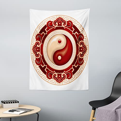 ABAKUHAUS Ying Yang Wandteppich, traditionelle Kultur aus Weiches Mikrofaser Stoff Waschbar ohne Verblassen Digitaldruck, 110 x 150 cm, Kastanienbraun Creme Weiß