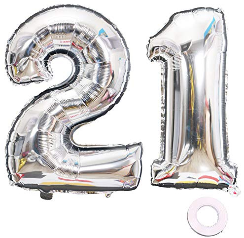 Juland Luftballons 12. 21. Geburtstag XXL Riesen Folienballon Luftballon Zahl 21 Silber Nummer Ballons Große Folienmylar-Ballons 40-Zoll-Riesen-Jumbo-Zahl-Ballons zum 21. Geburtstag Partydekorationen