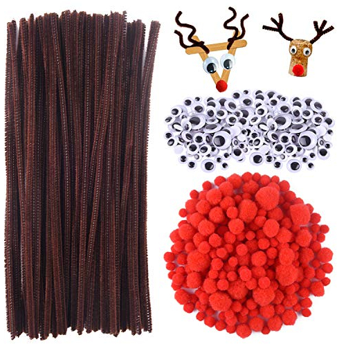 TUPARKA 650-teiliges Weihnachts Rentier Bastelset, Pfeifenputzer Braun zum Basteln, Wackelaugen Selbstklebend, Rote Pompons zum Basteln, Basteln
