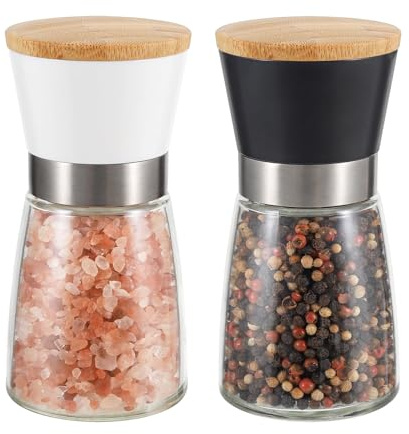 VUCCHINI Manuelles Salz- und Pfeffermühlen-Set, Bambusdeckel, verstellbar, grob, nachfüllbar, Keramik-Grat, Küche, Geschenk, Schwarz und Weiß
