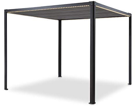 blumfeldt Pantheon Remote Shade - Gazebo per Terrazza, Tubi Quadrati di Alluminio, Superficie Coperta: 3x3 m, RemoteShade Roof: Apertura/Chiusura Motorizzate, Grigio Scuro, con Luce LED