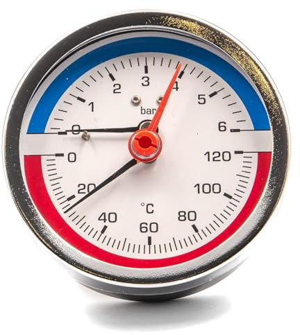 KNM Trade Thermomanometer Ø80mm 6 Bar, Kunststoff Gehäuse, Axial | Kunststoffgehäuse, axialer 1/4''-Anschluss, Genauigkeit 2.5%, flexibel, Haushalts-, Industrieanwendungen