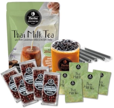 Flavfar Premium Thai Milk Tea Kit with Instant Brown Sugar Boba - Authentic Bubble Tea Made in Taiwan - 5 Servings