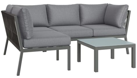 OUTLIV. Lounge-Set Alex, Aluminium Rope, Ecksofa für Balkon und Terrasse, pflegeleicht und wetterfest, inkl. Kissen und Milchglas-Tischplatte, Anthrazit, 200x130x71,5 cm