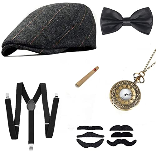 Cucudy 1920s Kostüm Herren 20er Jahre Accessoires Inklusive mafia Gangster Hut Verstellbar Elastisch Hosenträger Herren Halsschleife Fliege