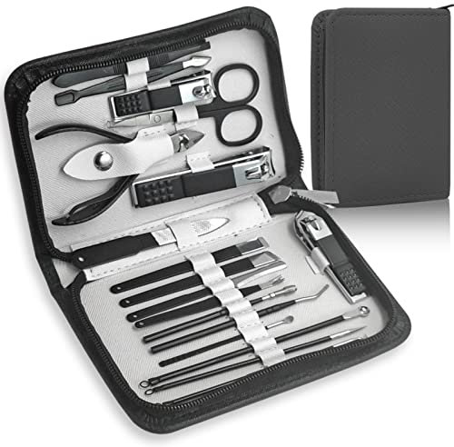 Manicure Set Nail Clippers Kit For Women&men 18 in 1 Professional Stainless Steel Pedicure Care Tools Kit Nail Cutter Set Scissors Grooming Kit With Black Leather Travel Zip Case(Black White)