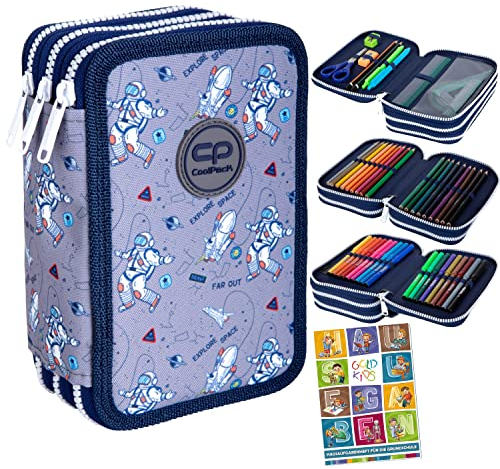 Goldkids Federtasche 3-fache Federmappe Cosmic Kosmos Weltraum Federmäppchen 46-teilig gefüllte Schüleretui Stifte und Pinsel inkl. Aufgabenheft Federbox Etui Stiftetasche Schlamper-Etui Schul-Etui