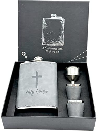 Holy Water Flask Gift With 2 Cups. 8 Oz Hip Funny Flask, Stainless Steel & Stamped Leather Wrapped Style With Gift Box. ChristmasGift For Men, Dad, brother or Groom. (Holy Water)