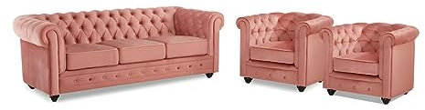 Vente-unique - Canapé 3 Places et 2 fauteuils Chesterfield - Velours Rose Pastel