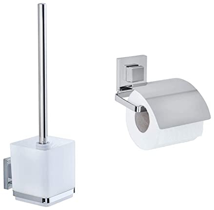 WENKO Vacuum-Loc® Wand WC-Garnitur Quadro, Toilettenbürste, 9,5 x 37 x 12,5 cm & Vacuum-Loc® Wand Toilettenpapierhalter Quadro mit Cover, Halterung für Toilettenpapier, 13 x 11,5 x 14 cm