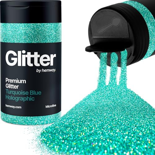 Hemway Premium Glitter Shaker - Turquoise Blue Holographic | Microfine Metallic Flake Sequins for Resin & Epoxy Crafts | Craft Supplies for Tumblers, Festival, Hair, Face, Body & Nail Art | 125 g