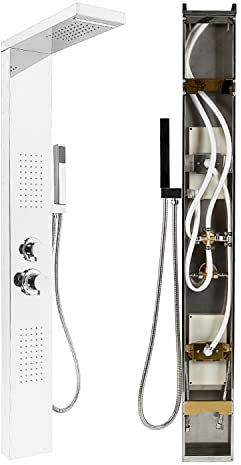 MINGYI Colonne de Douche Hydromassante, avec Douchette et Pommeau, 4 Modes de Douche, Connecteur DIN Standard 1/2'' (Miroir Argent, 15×130 cm)