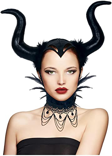 keland Goth Halloween Karneval Kopfschmuck Dämon Hörner Haarreif Stirnband mit Steampunk Feder Spitze Choker Halsband Halskette (Schwarz-002)