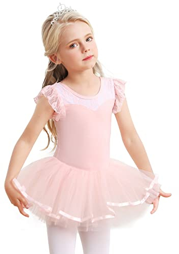 Mädchen Ballettkleidung Ballettkleid Baumwolle Tanzkleid Tutu Ballett Tütü Kinder Balletttrikot mit Rock Ballerina Kleid Rosa 7-9 Jahre