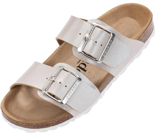 Palado Pantoletten Damen Samos EGS - bequeme Sandalen Made in Spain - Hausschuhe mit dämpfendem Kork-Fußbett - modische Sommerschuhe Rose Metallic UK4,5 - EU37