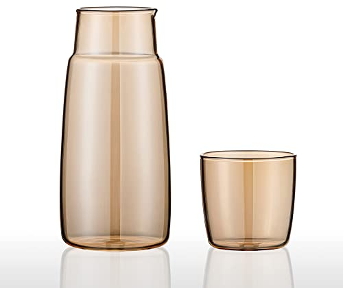 Bedside Water Carafe Glass Set, Water Pitcher with Glass Cup for Bedroom Nightstand Thickened Tumbler Glass Mouthwash Decanter Bottle for Bathroom Night Water Serving Carafe 750ML 25oz (Amber)