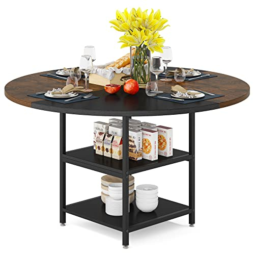 LITTLE TREE 119,4 cm runder Esstisch für 4 Personen, Kleiner Küchentisch, Esstisch mit Ablage, Metallbeine, Holztischplatte für Zuhause, Esszimmer, Wohnzimmer, schwarz, rustikales Braun, (ZYVC-032)