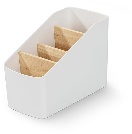 Niboken Organizador de Soporte para Control Remoto Soporte de Escritorio de Bambú Extraíble 4 Compartimentos, Caja de Almacenamiento Oficina para Joyas, Bolígrafo Lápiz, Teléfono Celular