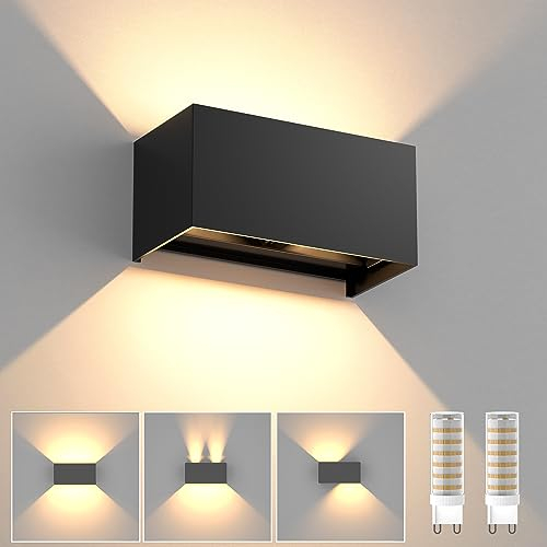 YrgePowk Wandleuchte mit Austauschbarer G9 LED Lamp, 18W 3000k Warmweiß Wandlampe IP65 Wasserdichte Aussenwandleuchte Auf und ab Einstellbarer Abstrahlwinkel Wandbeleuchtung(Schwarz)