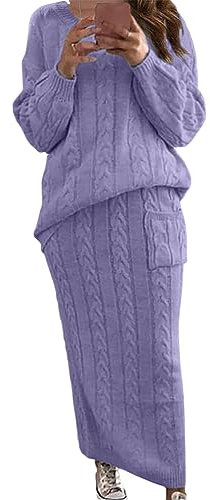 shownicer Abito a Collo Alto Donna Set 2 Pezzi Invernali Maglione e Gonna in Maglia Elegante Cocktail Sera Vestito A Viola Chiaro L