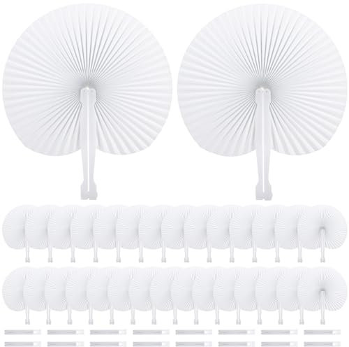 Coloch 48 Pack Folding Paper Fans Assortment with Plastic Handle, White Round Handheld Fan Pocket Fan for Wedding, Party Favor, Celebration, Home Decoration